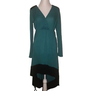Delirious Los Angeles Hi Low Green Black Hem Knit Dress Studded Shoulders M